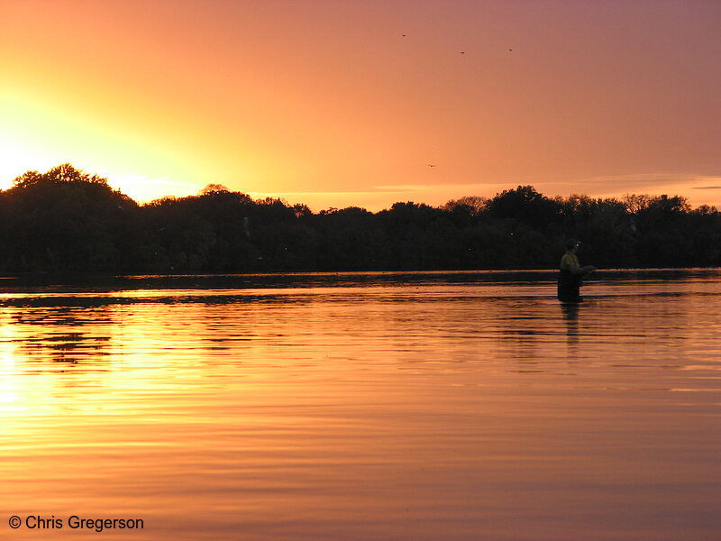 Photo of Fisherman in Lake Harriet in Fall at Sunset(5347)
